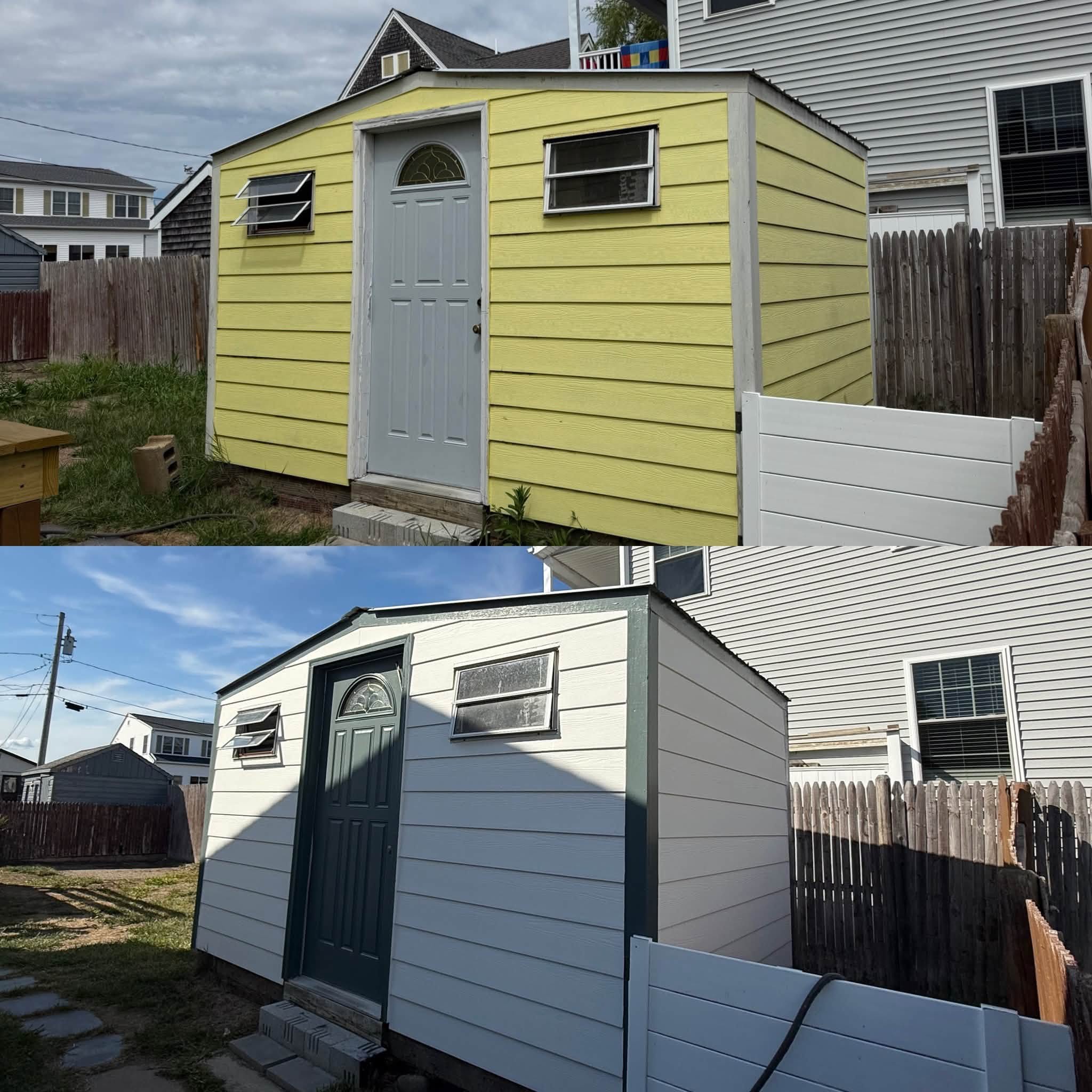 Complete Exterior Color Transformation — Home, Doors & Matching Shed — Hampton, NH