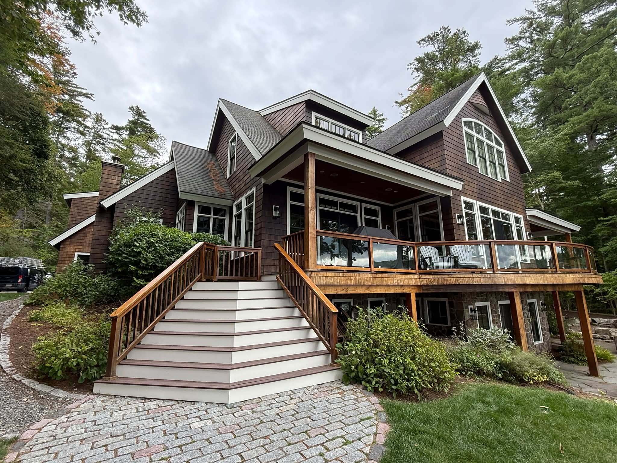 Lakefront Cedar Shingle Restoration — Walnut Stain, Trim & Railings — Wolfeboro, NH