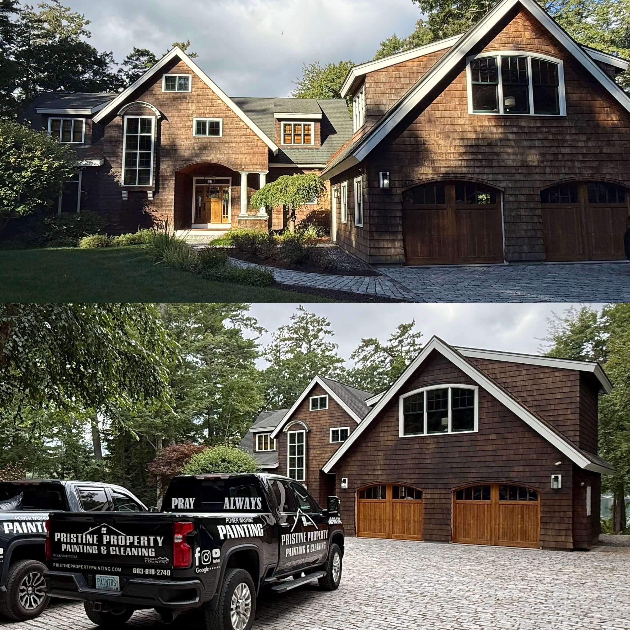 Lakefront Cedar Shingle Restoration — Walnut Stain, Trim & Railings — photo 10