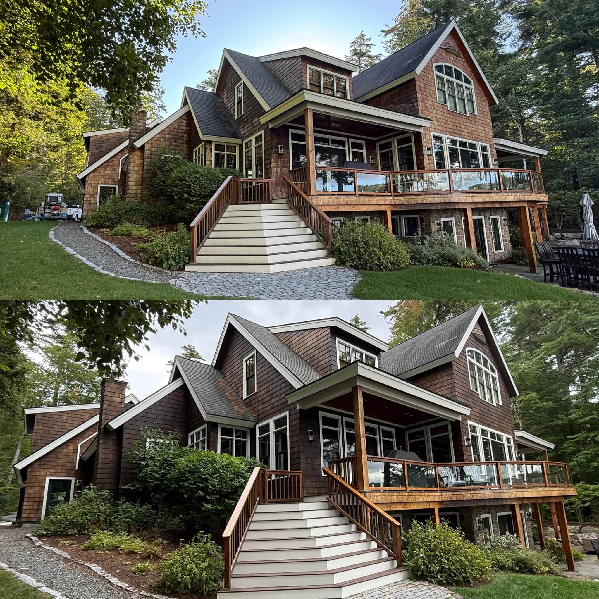 Lakefront Cedar Shingle Restoration — Walnut Stain, Trim & Railings — photo 11