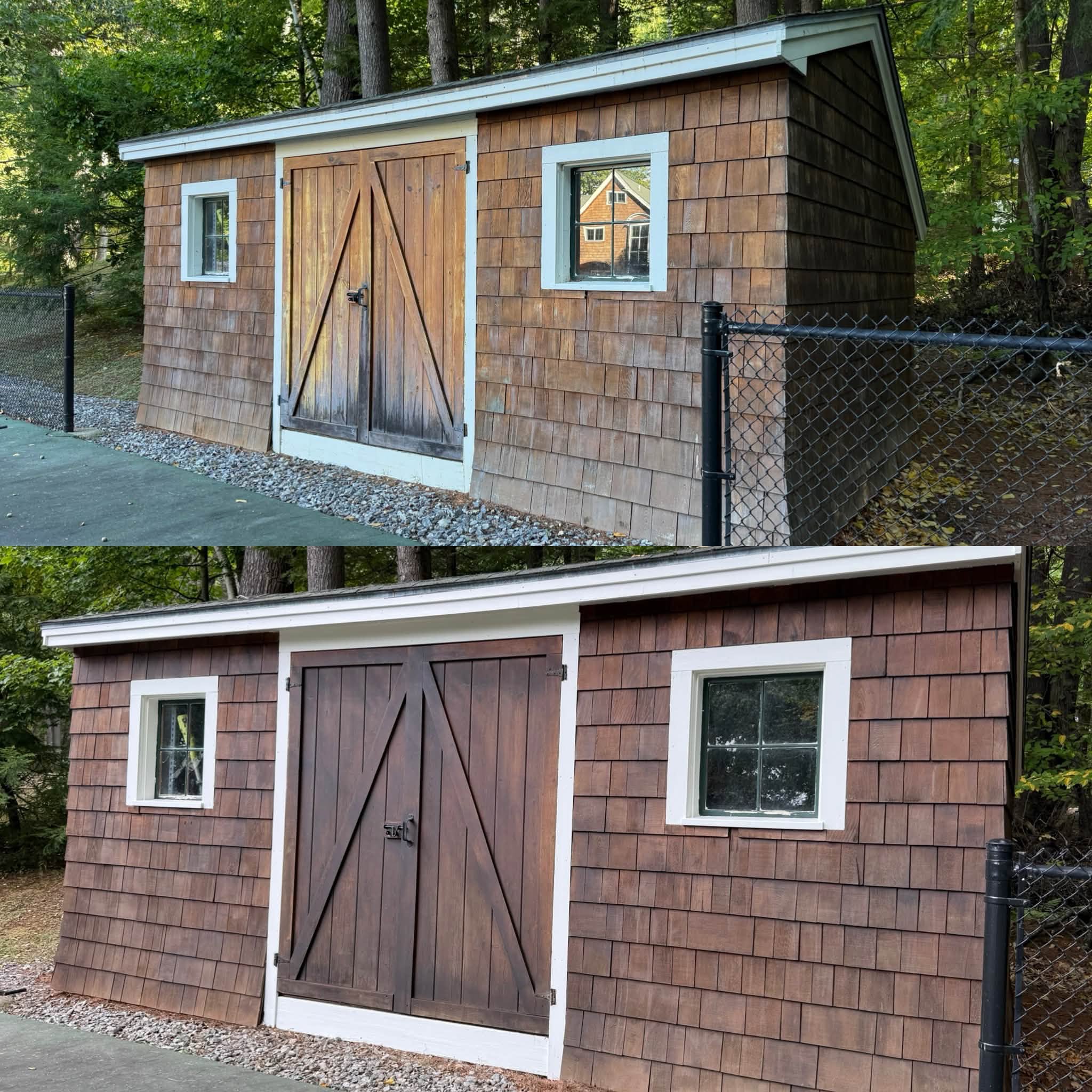 Lakefront Cedar Shingle Restoration — Walnut Stain, Trim & Railings — photo 13