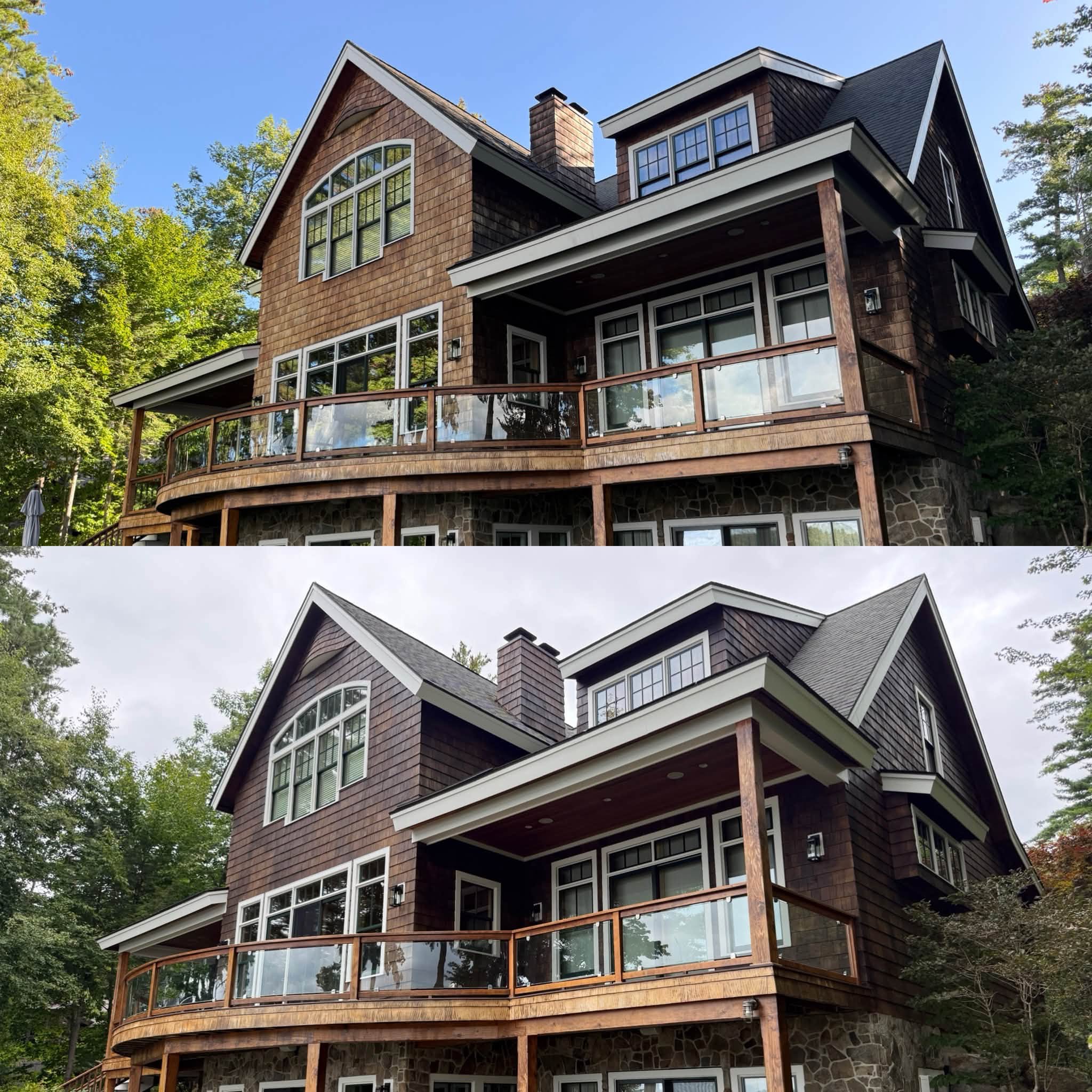Lakefront Cedar Shingle Restoration — Walnut Stain, Trim & Railings — photo 15