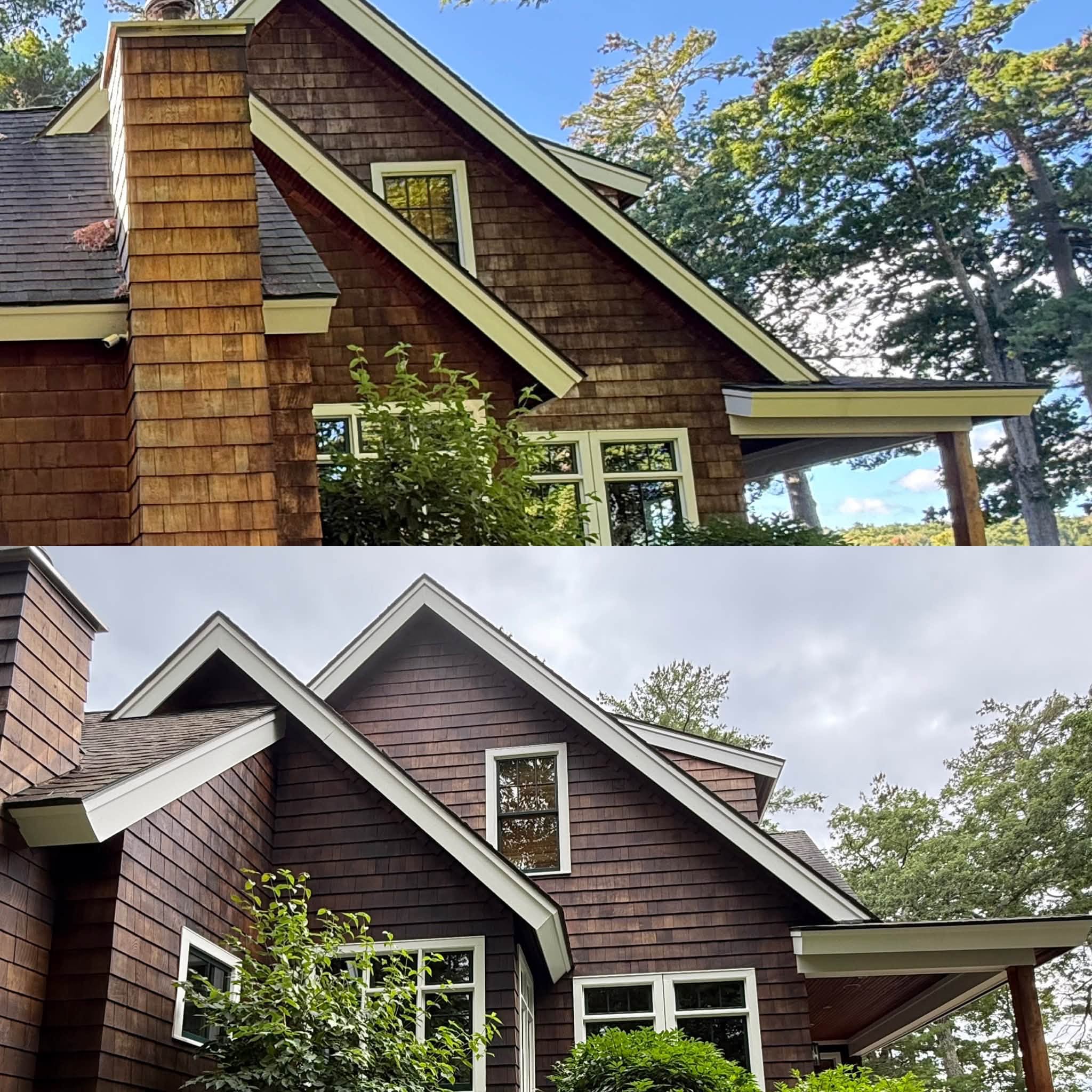 Lakefront Cedar Shingle Restoration — Walnut Stain, Trim & Railings — photo 16