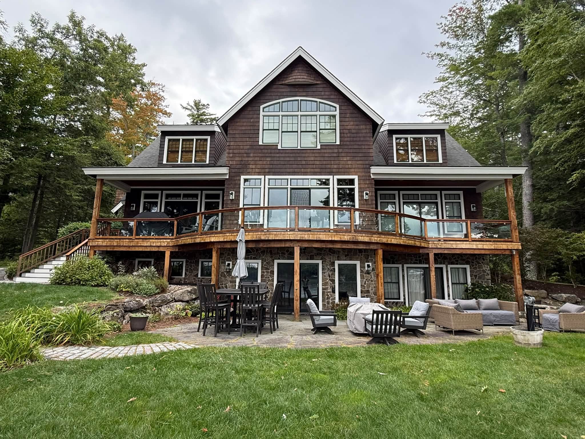 Lakefront Cedar Shingle Restoration — Walnut Stain, Trim & Railings — photo 2