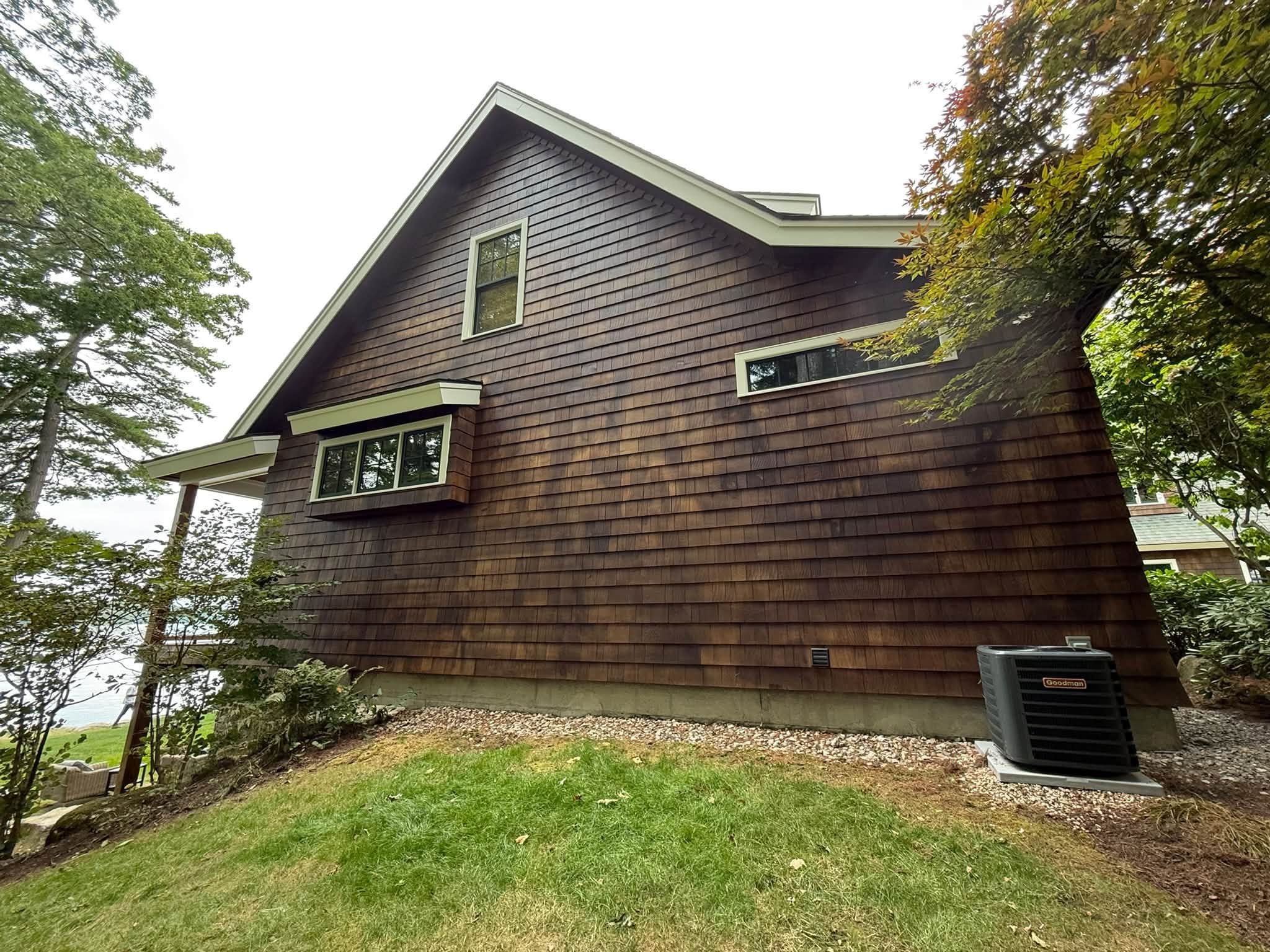 Lakefront Cedar Shingle Restoration — Walnut Stain, Trim & Railings — photo 3