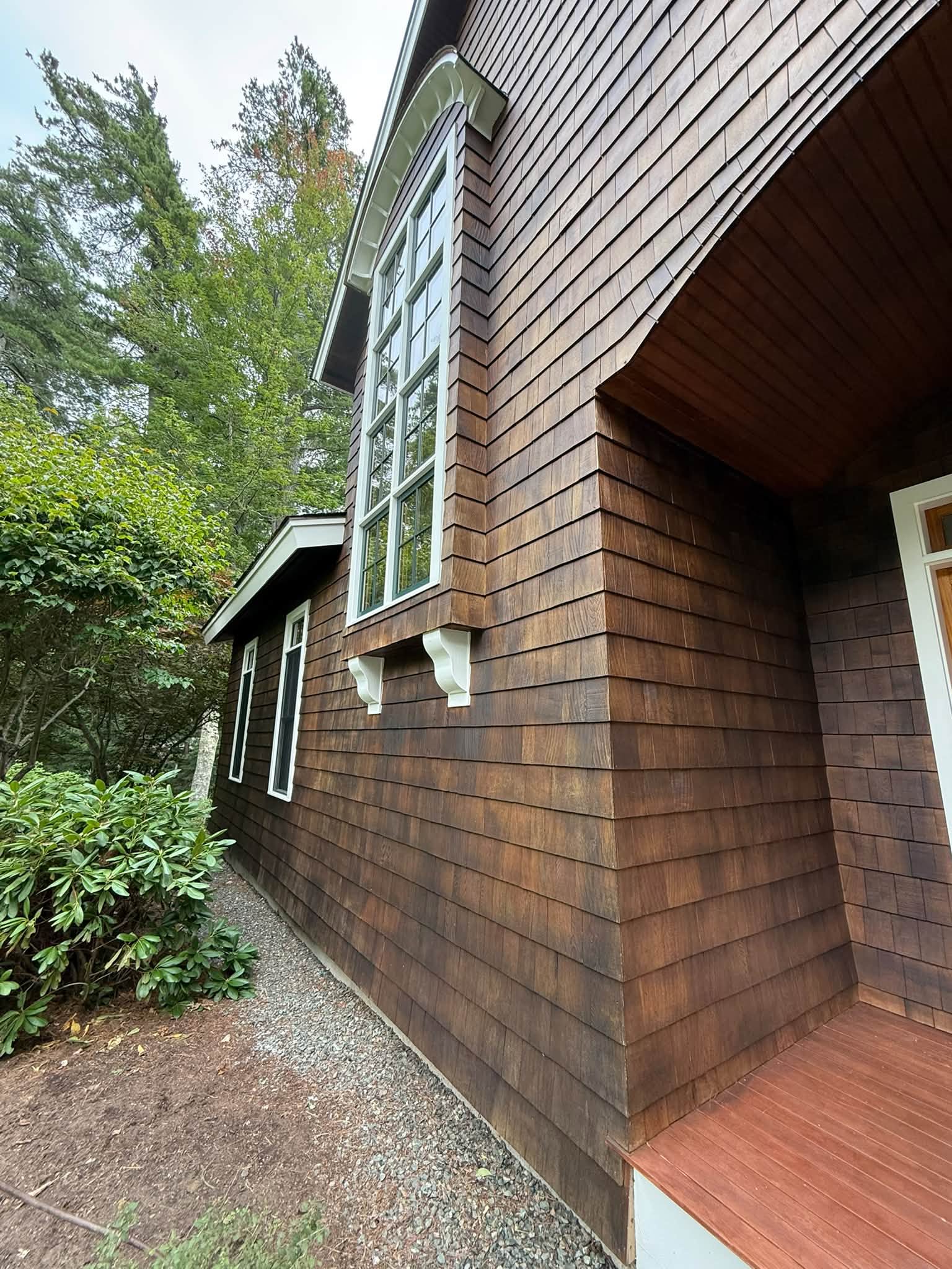 Lakefront Cedar Shingle Restoration — Walnut Stain, Trim & Railings — photo 6